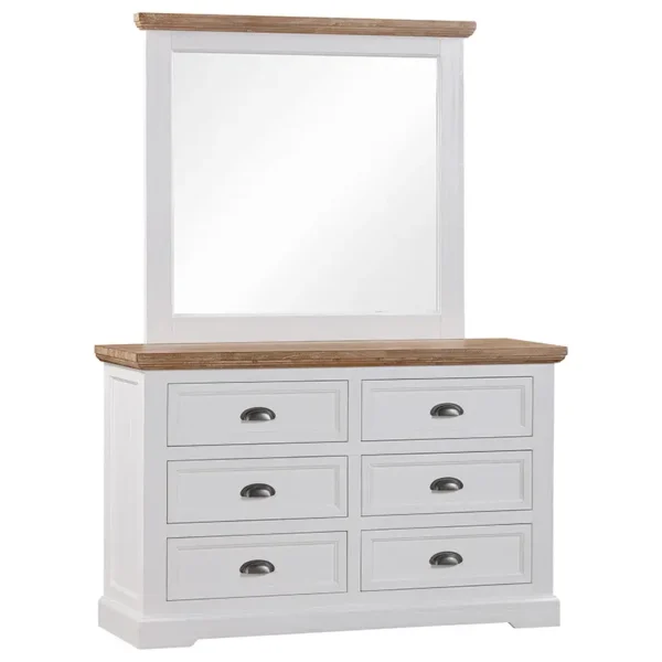 Dresser & Mirror set, Paddington range, acacia timber, greywash finish, brushed white finish, VJ panelling, bedroom decor, storage solution, elegant design, versatile furniture.