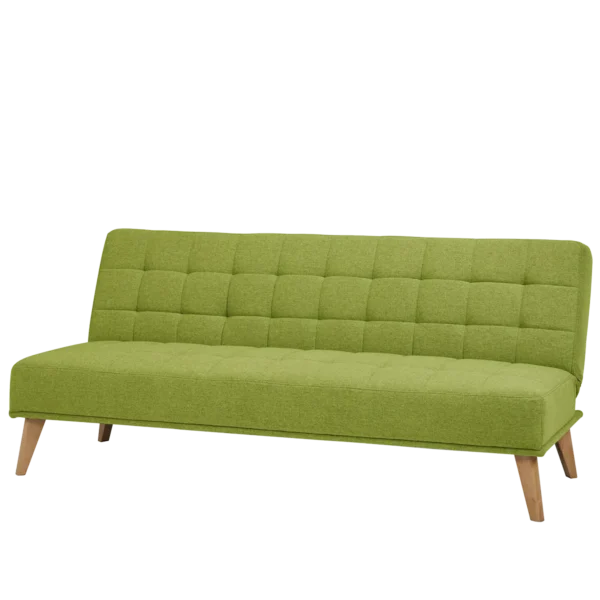 A lime green Aquila Click Clack sofabed in a flat position, highlighting the wooden legs.