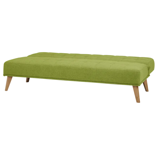 A lime green Aquila Click Clack sofabed converted into a flat bed with wooden legs.