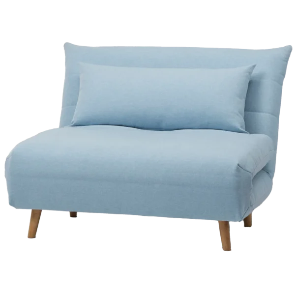 A light blue Carina Click Clack sofabed converted into a flat bed with a pillow and wooden legs.