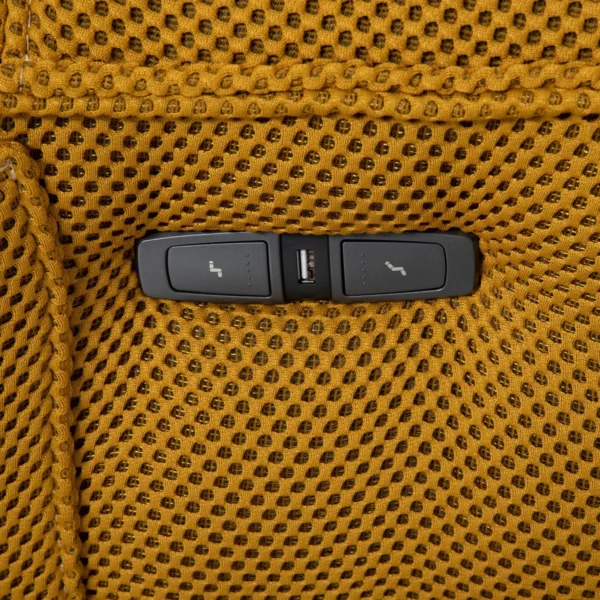 Close-up of control buttons and USB port on the mustard yellow Dakar recliner chair.