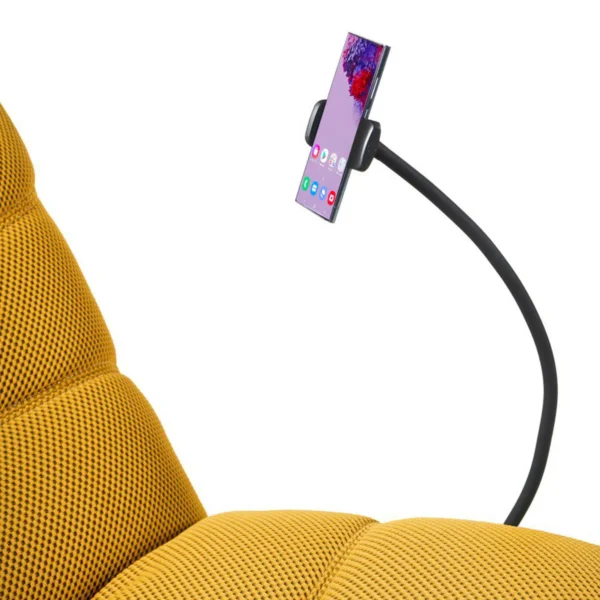 Mobile phone holder attached to the mustard yellow Dakar recliner chair.