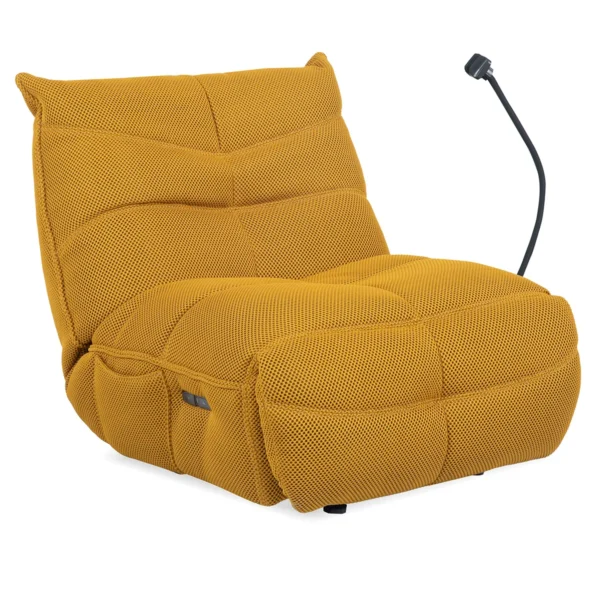 Mustard yellow Dakar electric recliner chair with footrest retracted and mobile phone holder.