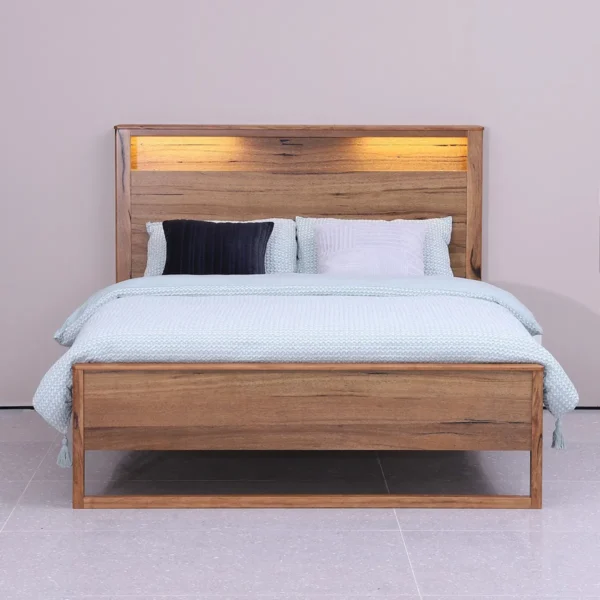 Fremantle Queen and King Beds in Marri timber with LED lights and USB ports.