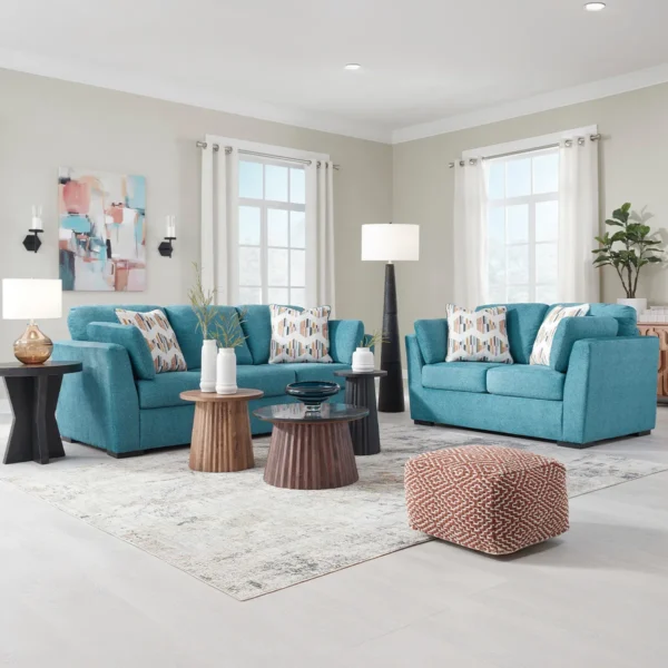 Living room setup featuring the Olivia sofa set in teal, complemented by stylish wooden coffee tables and modern decor.