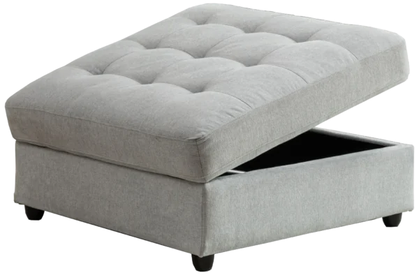 Evandale Storage Ottoman in grey with tufted top and hidden storage. Let me know if you need any tweaks or additional details!